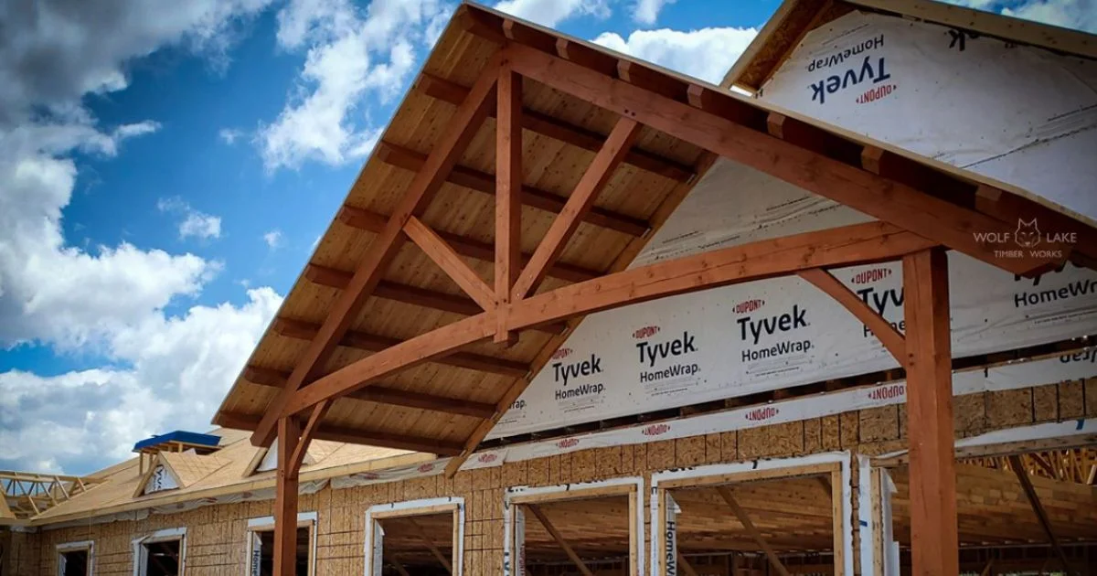 Timber frame roof entry under construction